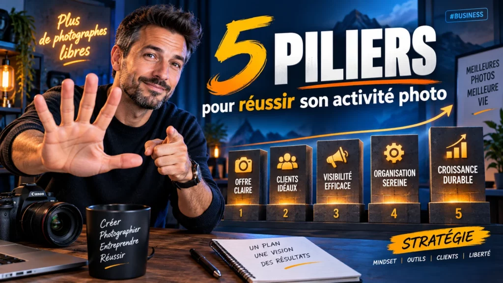 Vision, acquisition, conversion, fidélisation et croissance : découvrez les 5 piliers pour structurer et développer votre activité de photographe.