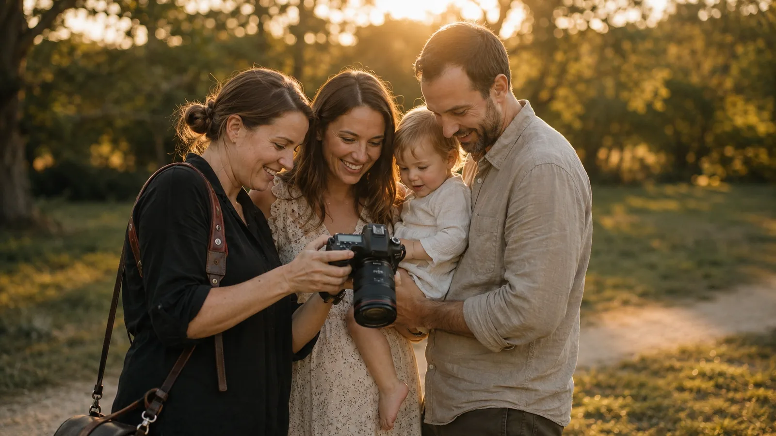 Photographe famille montrant les photos d’une séance à des parents en extérieur.