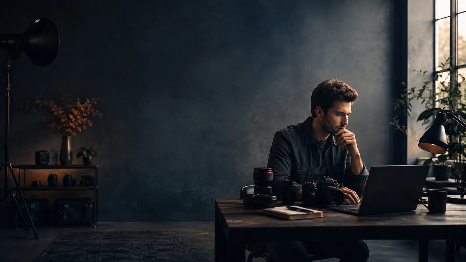Photographe professionnel assis devant son ordinateur dans son studio, en réflexion sur le développement de son activité.