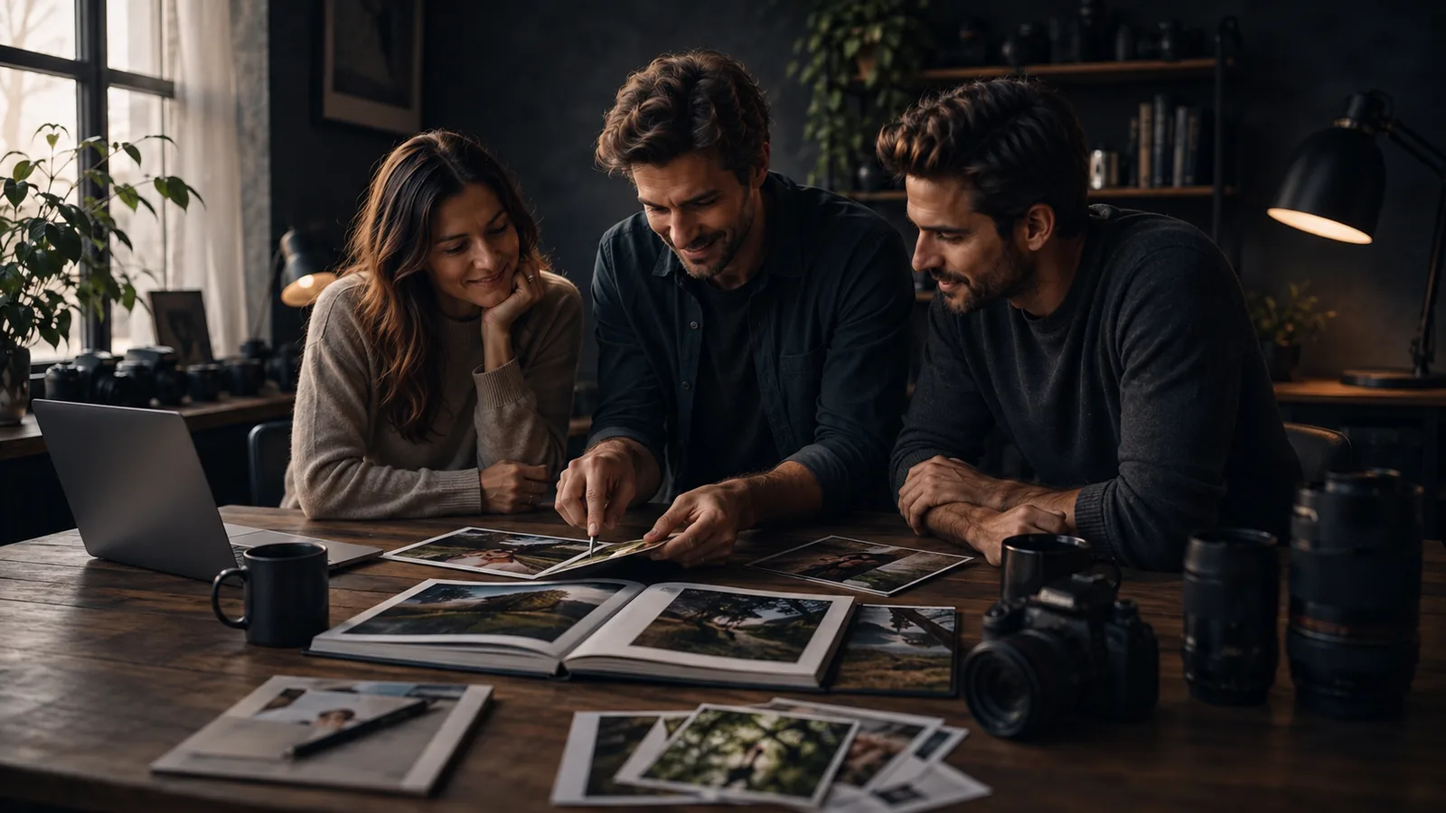 Photographe professionnel échangeant autour de tirages photo avec ses clients dans une ambiance chaleureuse et naturelle.