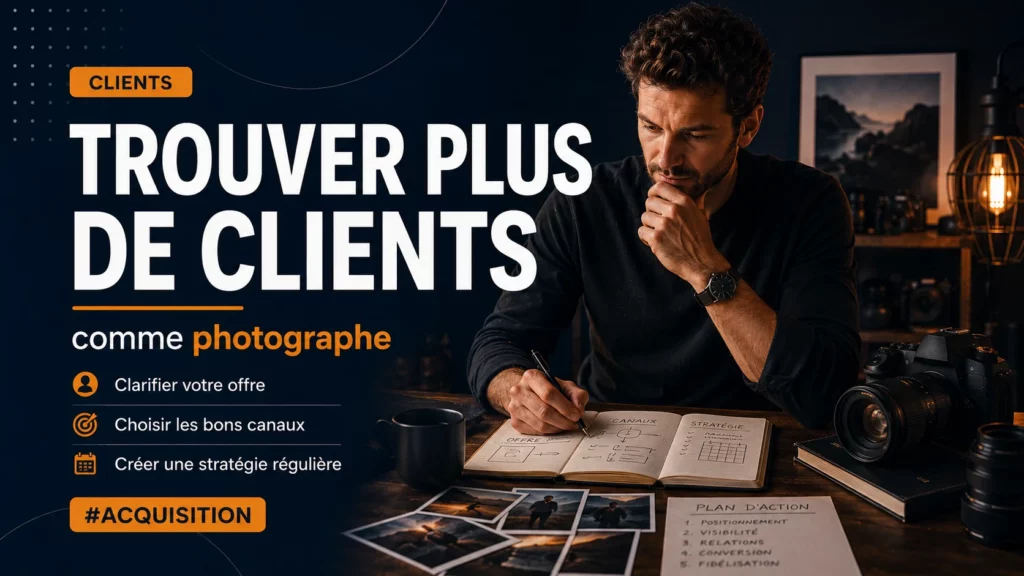 Découvrez une stratégie concrète pour trouver plus de clients comme photographe : niche, réseau, partenariats, relances et actions locales originales.