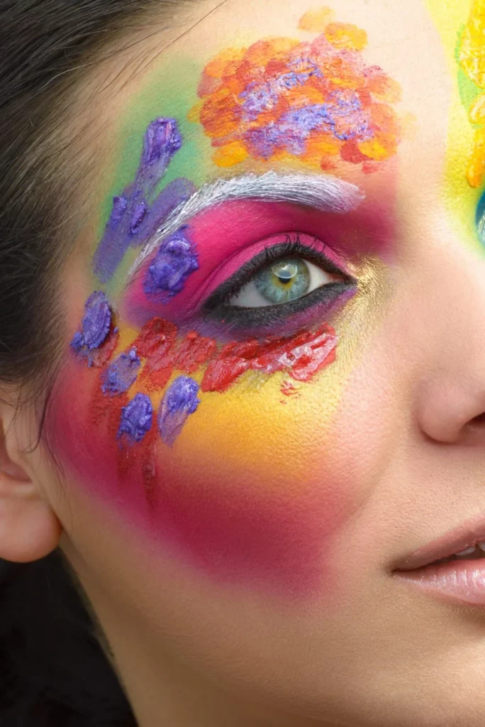 Portrait beauté avec maquillage artistique multicolore et regard caméra.