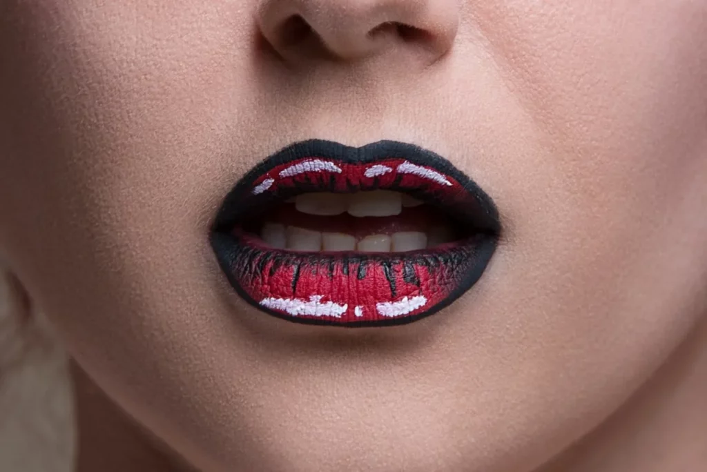 Gros plan de lèvres maquillées en rouge, noir et blanc dans un style pop art.