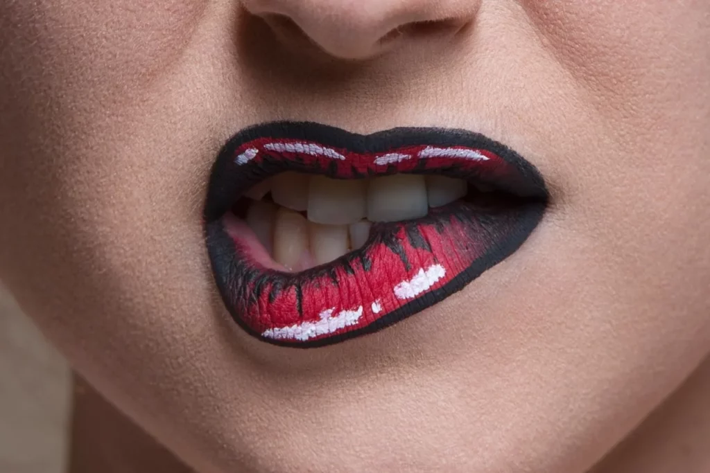 Gros plan de lèvres maquillées en rouge, noir et blanc avec une expression souriante.